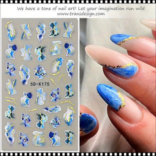 Blue & White Marble Effect with Golden streak Nail Sticker