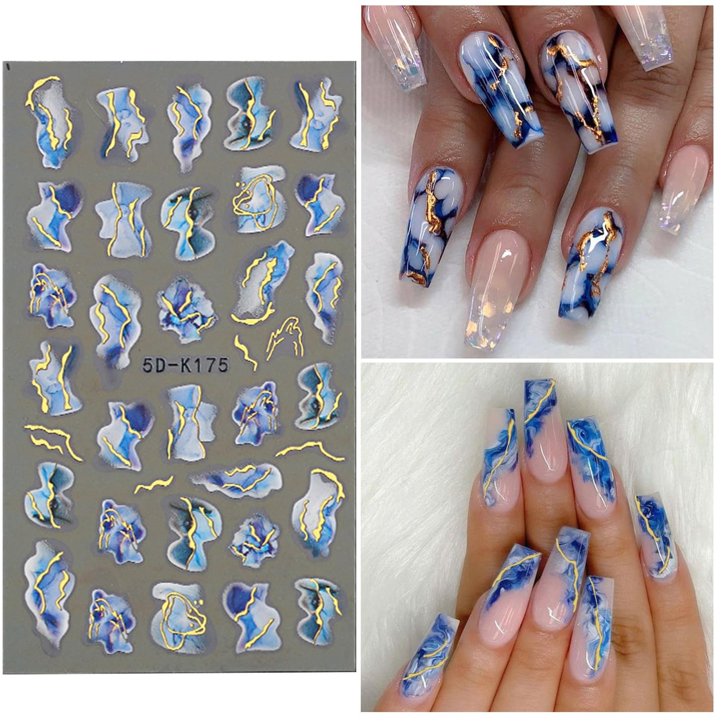 Blue & White Marble Effect with Golden streak Nail Sticker