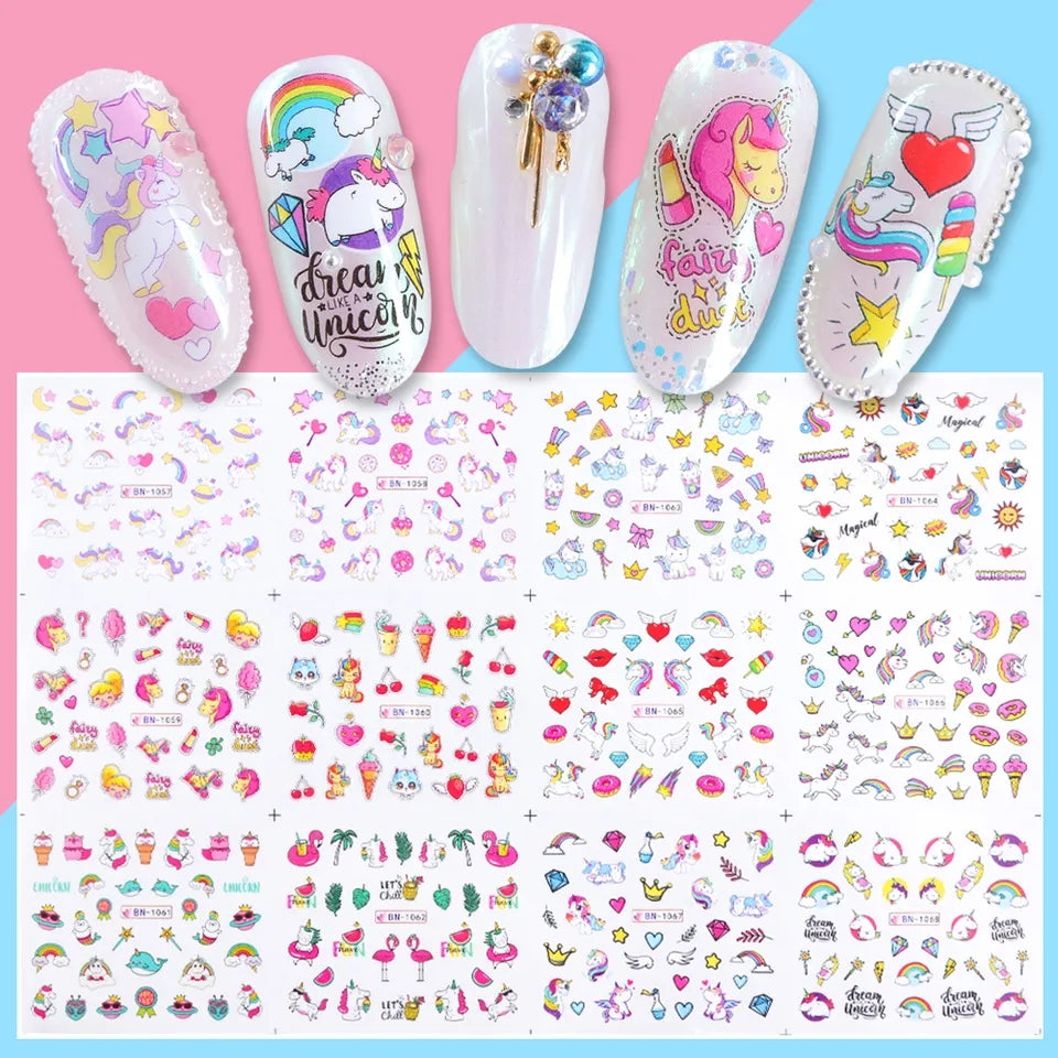 Set of 12 Rainbows and Unicorns Pastel Doodles Water Decals I Love My Polish