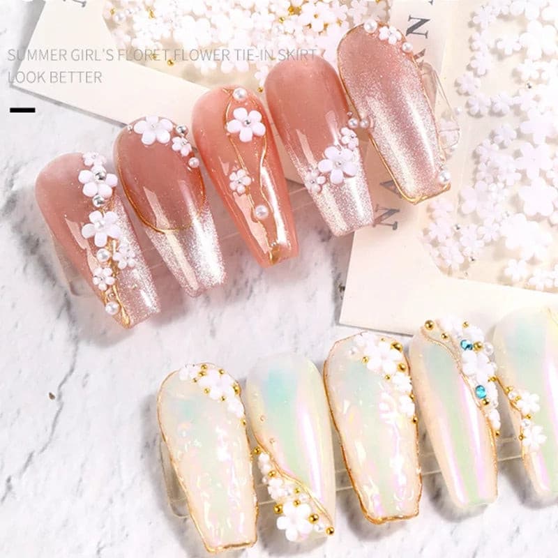 White Pink 3d Acrylic Flower Nail Charms With Pearl Golden Caviar