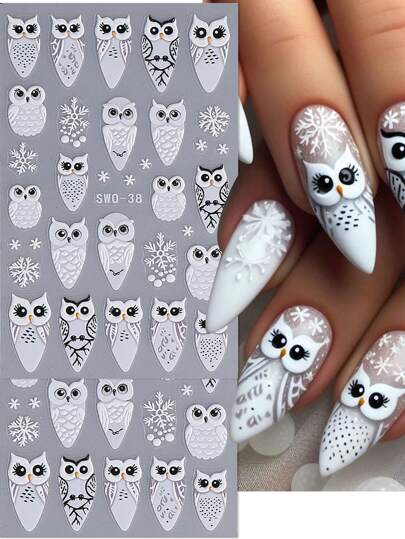 Christmas Owl Snowflake 5D Embossed Nail Art Stickers