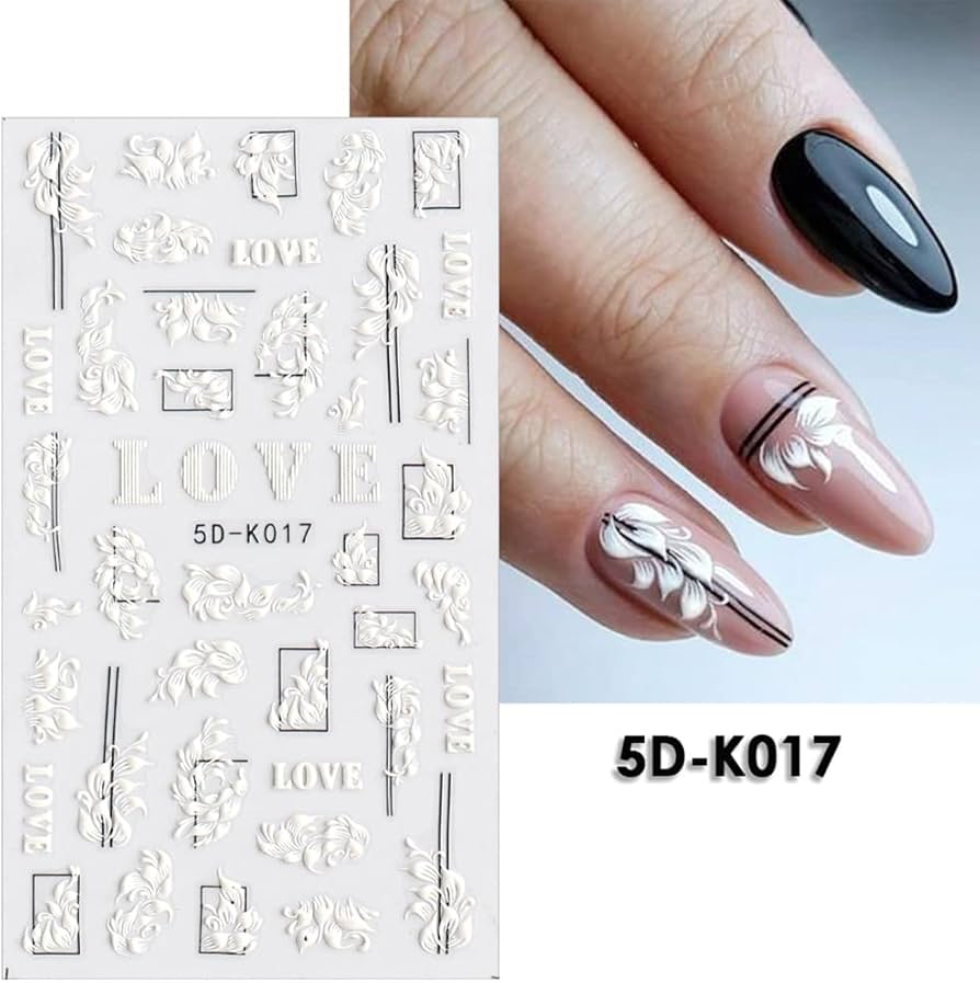 White Love Abstract Leaves 5D Nail Art Sticker