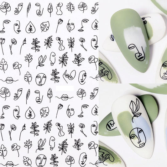 Abstract Line Faces and Leaves Nail Stickers