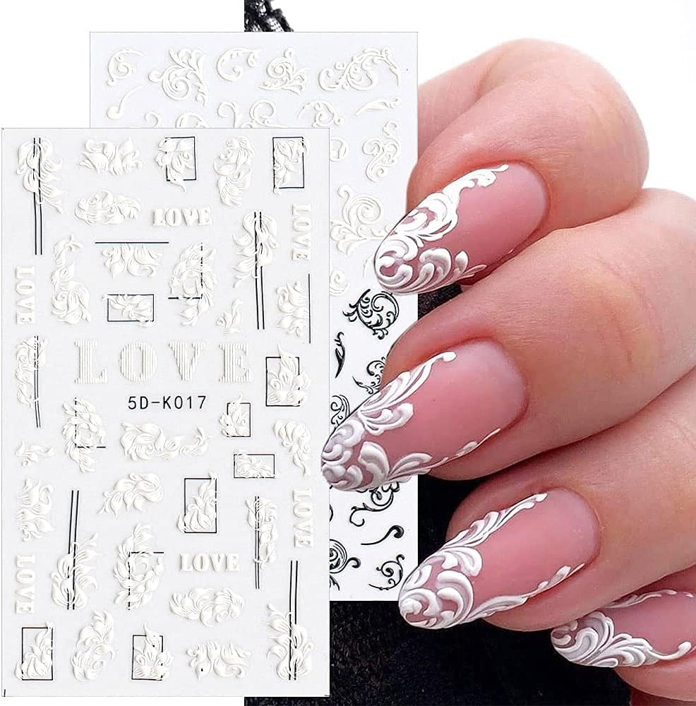 White Love Abstract Leaves 5D Nail Art Sticker