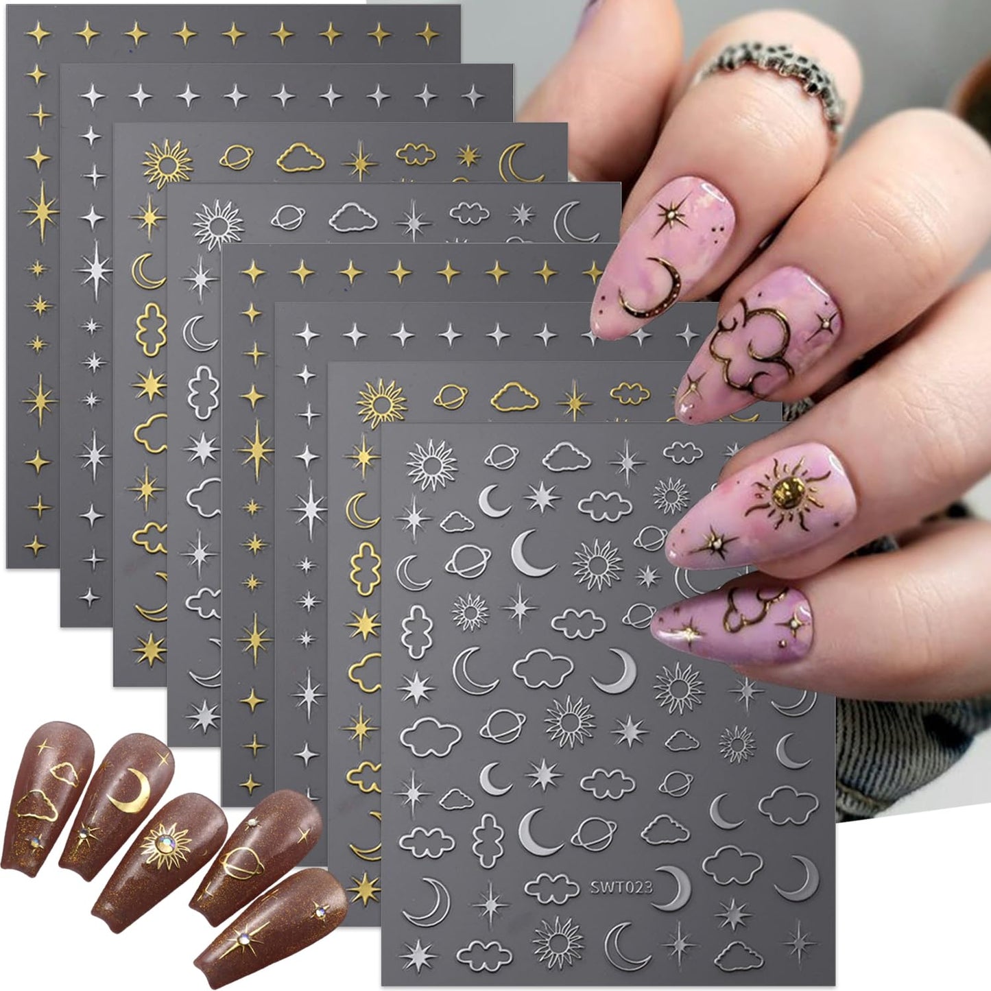 Gold and Silver Sun Moon Star Nail Art Sticker