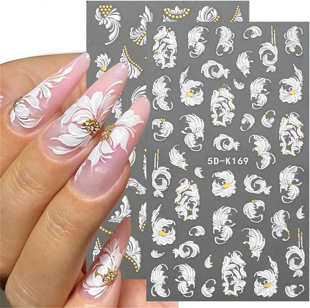 White Embossed Floral Pattern 5D nail stickers