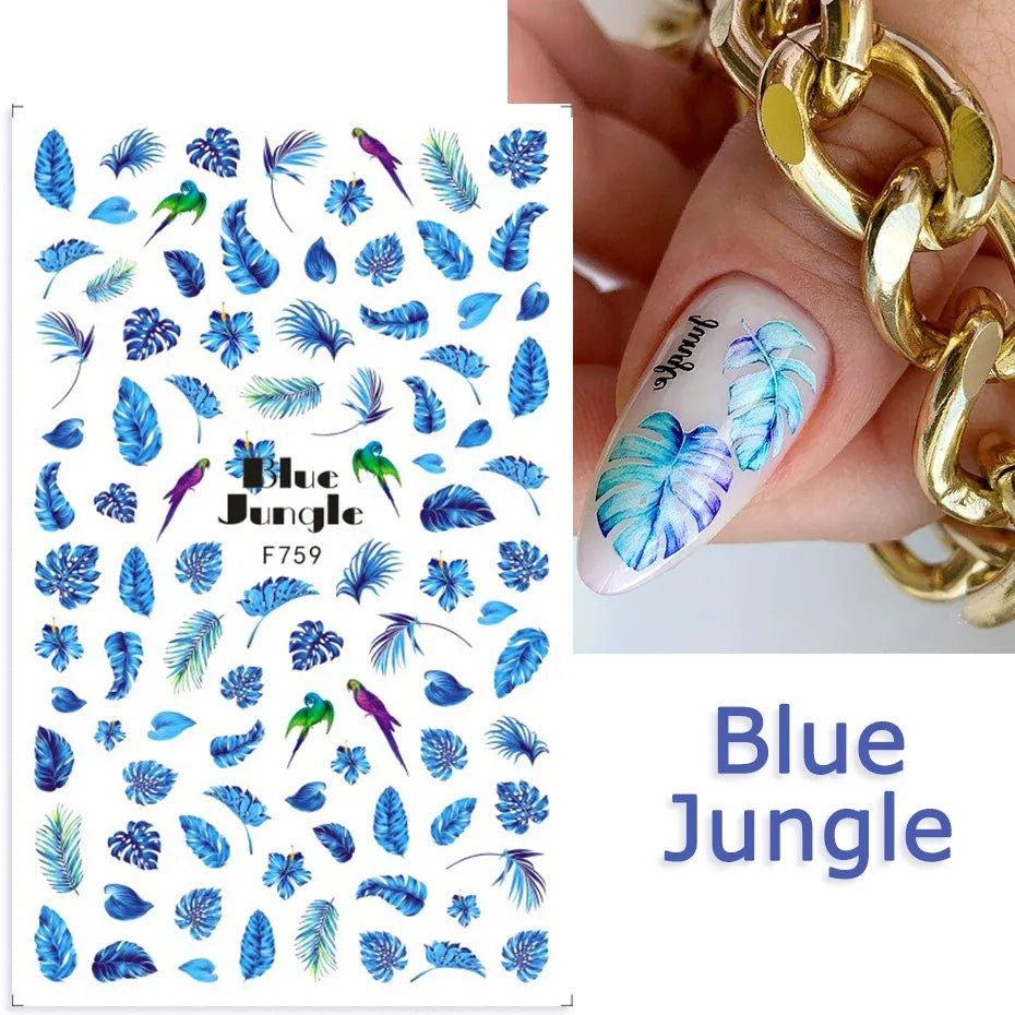 Blue Floral and Tropical Multicolor Nail Art Stickers I Love My Polish