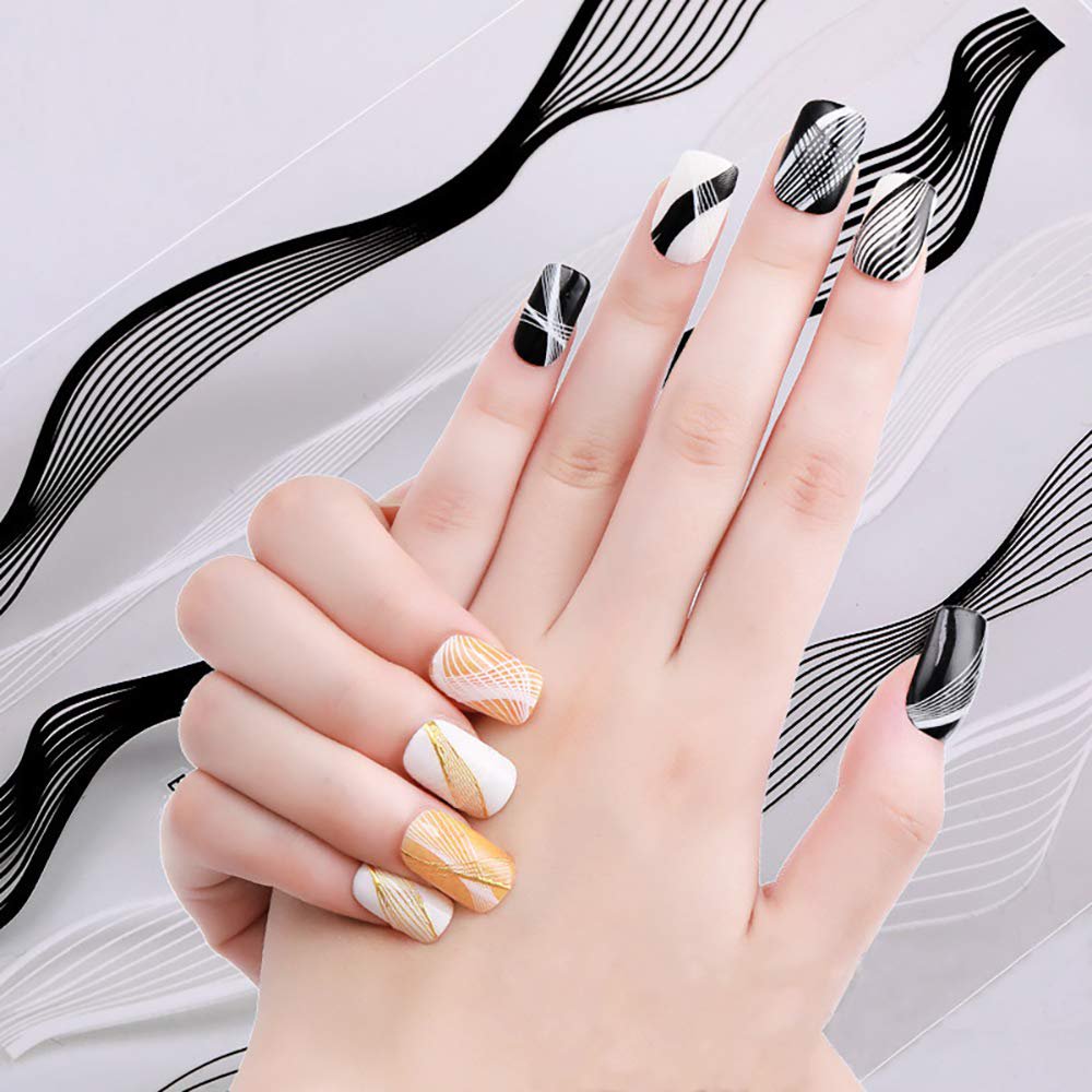 Black and Silver Wave Line Stripe Nail Art Stickers