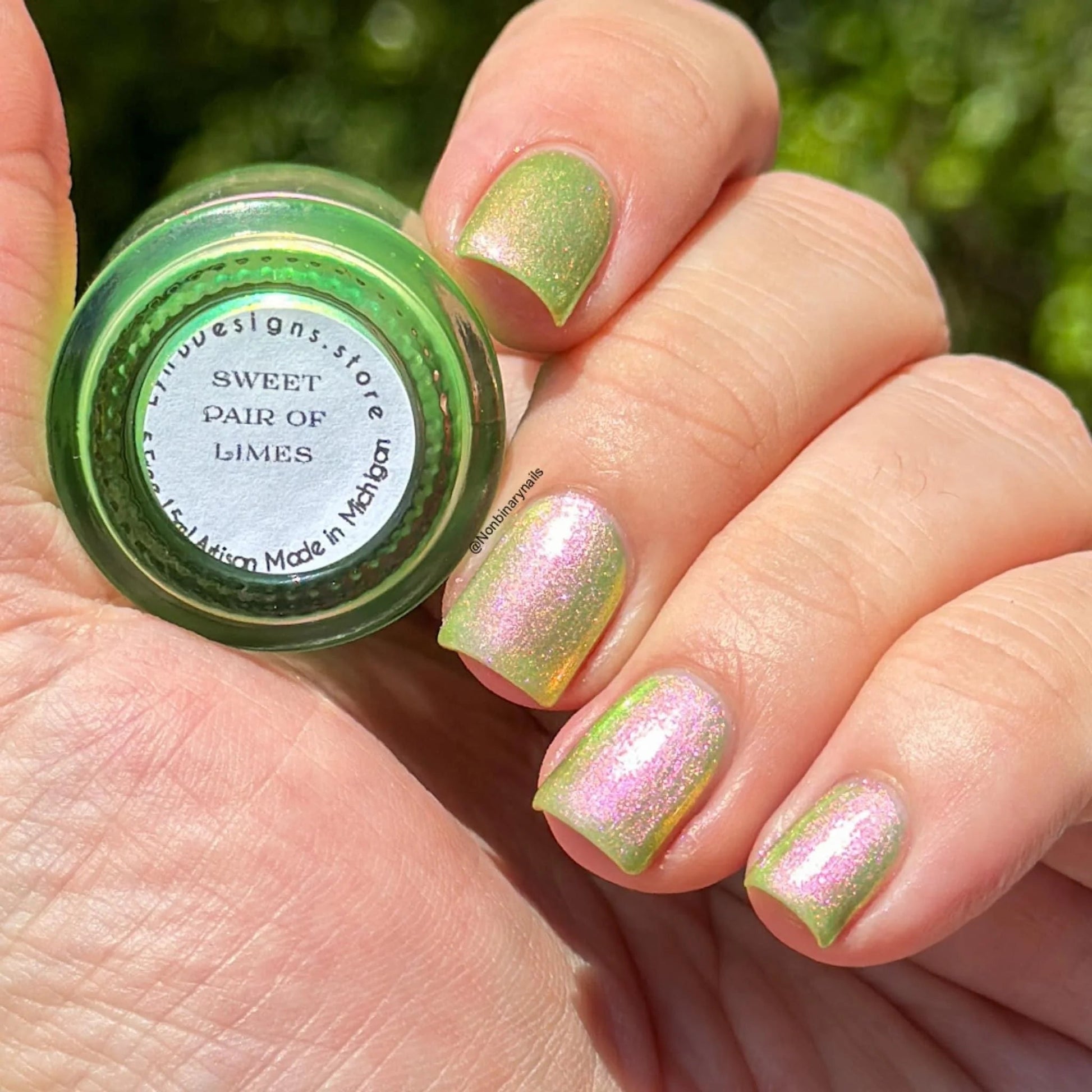 LynB Designs- Sweet Pair of Limes Green Pink Iridescent Nail Polish I Love My Polish