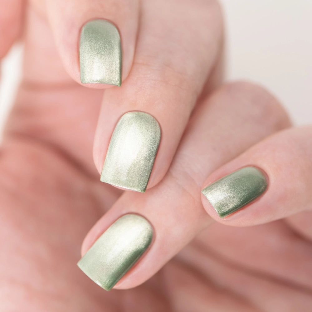 Masura- Fragile Chrysolite Green with Golden Green Shimmer Nail Polish I Love My Polish