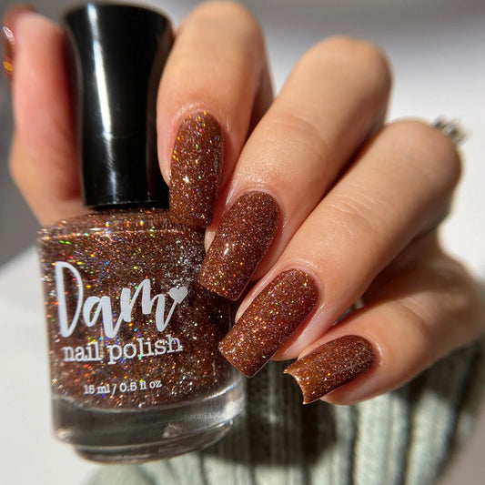 Dam- The Stakes Are Deadly Brown Orange Silver Holographic Reflective Glitter Nail Polish I Love My Polish