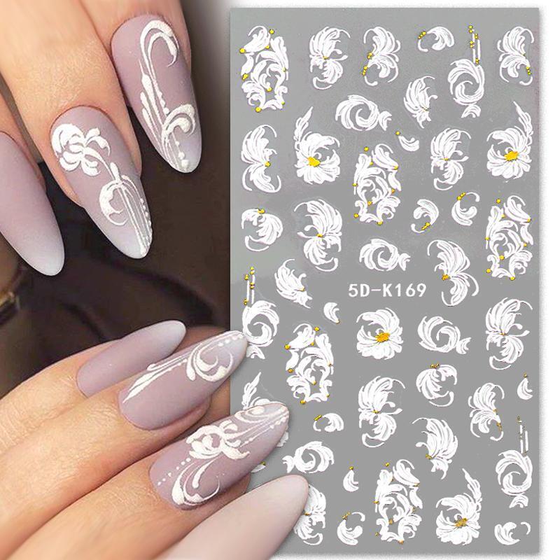 White Embossed Floral Pattern 5D nail stickers