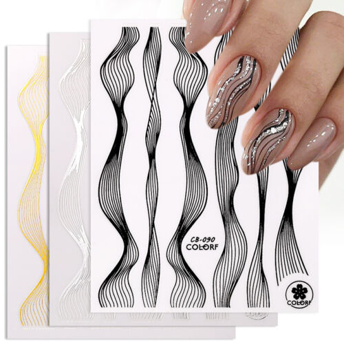 Black and Silver Wave Stripe Nail Stickers